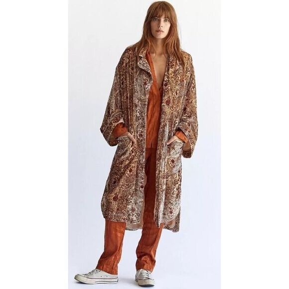 Free People Sweet Escape Boho Paisley Floral Printed Velvet Trench Duster Large - Picture 14 of 14